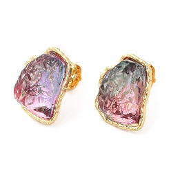 Pink Rack Plating Brass Stud Earring, Iceberg Melting Shaped Glass Earrings for Women, Long-Lasting Plated, Cadmium Free & Lead Free, Real 18K Gold Plated, Pink, 20x16mm