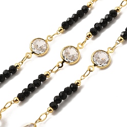 Black Rack Plating Real 18K Gold Plated Flat Round Brass Cubic Zirconia Link Chains, Handmade Glass Beaded Chains, Soldered, with Spool, Lead Free & Cadmium Free, Black, Flat Round: 12x6.5x3mm, Bead Link: 18x3mm