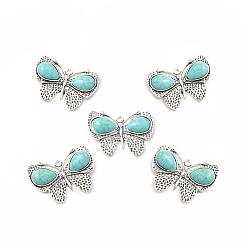 Antique Silver Synthetic Turquoise Dyed Pendants, with Alloy Findings, Butterfly Charms, Antique Silver, 36x49.5x6mm, Hole: 3mm