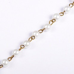 White Handmade Round Glass Pearl Beads Chains for Necklaces Bracelets Making, with Antique Bronze Iron Eye Pin, Unwelded, White, 39.3 inch, Bead: 6mm