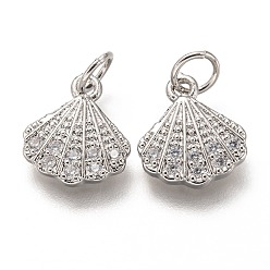 Platinum Brass Micro Pave Clear Cubic Zirconia Charms, Long-Lasting Plated, with Jump Ring, Shell Shape, Platinum, 12x10x2mm, Jump Ring: 5x1mm, 3mm Inner Diameter