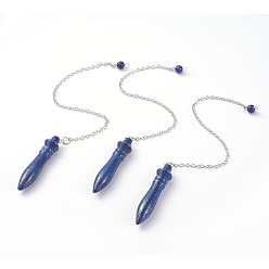 Lapis Lazuli Natural Lapis Lazuli Pointed Dowsing Pendulums, with Brass Cable Chains, Bullet, 238~255mm, Hole: 2.5mm, Pendants: 53x12mm