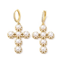 Real 16K Gold Plated Cubic Zirconia Cross Dangle Hoop Earrings with ABS Plastic Imitation Pearl, Brass Jewelry for Women, Real 16K Gold Plated, 47mm, Pin: 1.2x0.8mm