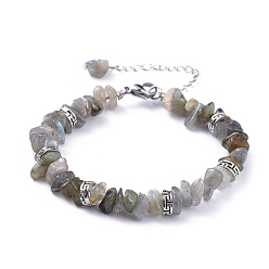 Labradorite Natural Labradorite Chip Bracelets, with Flat Round Tibetan Style Alloy Spacers Beads and Stainless Steel Findings, 7-1/4 inch~7-3/8 inch(18.4~18.8cm)
