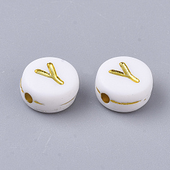 Letter Y Plating Acrylic Beads, Golden Metal Enlaced, Horizontal Hole, Flat Round with Alphabet, White, Letter.Y, 7x3.5mm, Hole: 1.2mm, about 3600pcs/500g