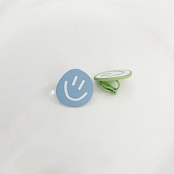 EZ-1503 No. 4 Xiaolan + Xiaobai triangle clip Temperament light blue hollow rose silver needle earrings simple and sweet smiling face without pierced ear clips hit color love earrings female