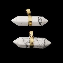 Говлит Подвески с двойным наконечником из натурального говлита, граненые брелоки в форме пули с латунными застежками на дужках, стойки покрытие, золотые, 12.5x32~32.5x9.5 мм, отверстие : 6x4.5 мм