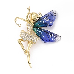 Blue Resin Fairy Lapel Pin with Clear Cubic Zirconia, Real 18K Gold Plated Brass Badge with Loop for Jewelry Pendant, Cadmium Free & Lead Free, Blue, 38x53x6.5mm