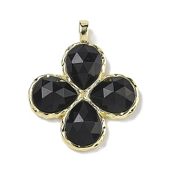 Обсидиан Ограненные подвески из натурального обсидиана, Подвески в виде клевера с латунными застежками с гальваническим покрытием., золотые, 30~31x25.5x5.5~6 мм, отверстие : 4x3 мм