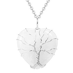 Quartz Crystal Natural Quartz Crystal Tree of Life Pendants, Heart Charms with Platinum Alloy Wire Wrapped Tree, 37x31mm