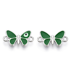 Green Alloy Enamel Connector Charms, Cadmium Free & Lead Free, Butterfly with Evil Eye Links, Platinum, Green, 10x17.5x2mm, Hole: 1.6mm