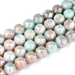 Светло-голубой Антикоррозийные гальванические стеклянные бусины, имитация драгоценных камней, круглые, с покрытием AB цвета, граненые, два тона, светло-голубой, 9.5~10.2 мм, отверстие : 1.2 мм, около 55~57 шт / нитка, 14.17~14.96'' (36~38 см)