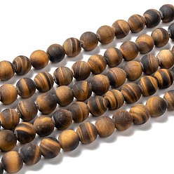Tiger Eye Frosted Natural Tiger Eye Round Bead Strands, 14mm, Hole: 1mm, about 25~27pcs/strand, 14.9~15.6 inch