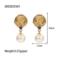 JDE2023561 Stylish Women's Stainless Steel Freshwater Pearl Earrings with Large Pearl Pendant and Blue Chalcedony Ear Jewelry