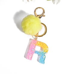 Letter R Resin Keychains, Pom Pom Ball Keychain, with KC Gold Tone Plated Iron Findings, Letter.R, 11.2x1.2~5.7cm