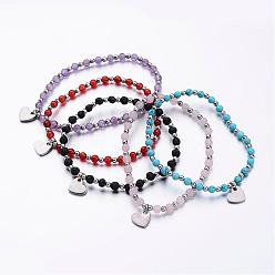 Mixed Stone 304 Stainless Steel Charm Bracelets, Heart, with Natural & Synthetic Mixed Stone Beads and Elastic Fibre Wire, 2-1/4 inch(57mm)