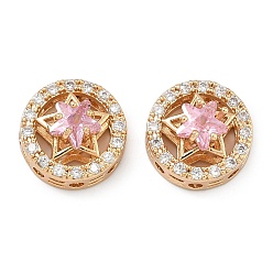 Pink Латунные звенья с инкрустацией кубическим цирконием, плоские круглые со звездой, реальный 18 k позолоченный, розовые, 13x8 мм, отверстие : 1.6 мм