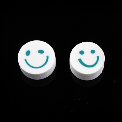 Dark Cyan Handmade Polymer Clay Beads, Flat Round with Smiling Face, Dark Cyan, 9~10x4mm, Hole: 1.2~1.6mm
