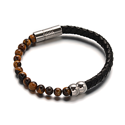 Tiger Eye Leather Cord Bracelets, with Tiger Eye Beads & 304 Stainless Steel Magnetic Clasps, 51x63mm