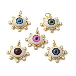 Mixed Color Brass Micro Pave Clear Cubic Zirconia Pendants, with Resin, Real 18K Gold Plated, Evil Eye Charms, Mixed Color, 17.5x20.5x6mm, Jump Ring: 6x1mm, Inner Diameter: 4mm