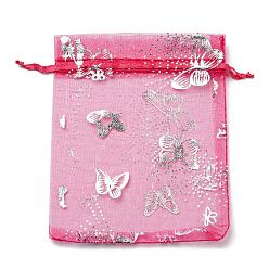 Deep Pink Rectangle Printed Organza Drawstring Bags, Silver Stamping Butterfly Pattern, Deep Pink, 12x10cm