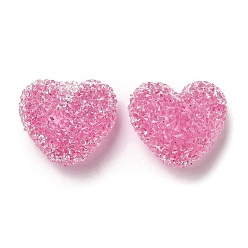 Hot Pink Resin Beads, with Rhinestone, Drusy Heart, Hot Pink, 17x19x10.5mm, Hole: 1.6mm