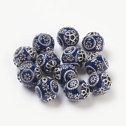 Midnight Blue Handmade Indonesia Beads, with Brass Core, Round, Midnight Blue, Size: about 15mm in diameter, 16mm thick, hole: 2mm