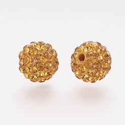 Topaz Polymer Clay Rhinestone Beads, Grade A, Round, Pave Disco Ball Beads, Topaz, 10x9.5mm, Hole: 1.5mm