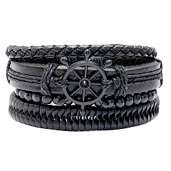 Black 4Pcs 4 Style Leather Cord Bracelets Set, Wood Beads & Alloy Helm Link Stackable Bracelets, Black, Inner Diameter: 2-1/2 inch(6.5cm), 1Pc/style
