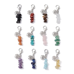 Antique Silver & Platinum Synthetic & Natural Mixed Gemstone Chip Pendant Decorations, Tree of Life Tibetan Style Alloy and Lobster Claw Clasps Charm, Antique Silver & Platinum, 44.5~45.5mm, 12pcs/set
