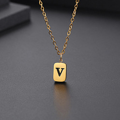 Letter V Titanium Steel Rectangle with Initial Letter Pendant Necklace with Cable Chains for Women, Golden, Letter.V, 17.72 inch(45cm)
