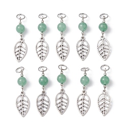 Antique Silver Leaf Tibetan Style Alloy Pendants, with Natural Green Aventurine Beads and 304 Stainless Steel Jump Rings, Antique Silver, 46x12mm, Hole: 6mm, 15pcs/set