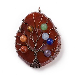 Dark Red Natural Agate Big Pendants, with Rack Plating Brass Wires, Chakra Gemstone Beads, Cadmium Free & Lead Free, Dyed & Heated, Nuggets with Tree, Red Copper, Dark Red, 58~62x37~47x13~14mm, Hole: 4~6mm