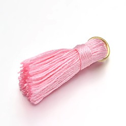 Pink Nylon Tassel Pendant Decorations, with Golden Tone Iron Findings, Pink, 27~30x15mm, Jump Ring: 4mm, Hole: 4x2mm, 10pcs/bag