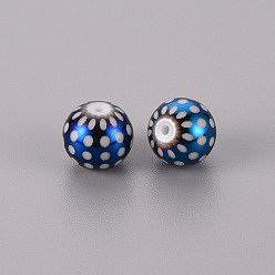 Blue Plated Electroplate Glass Beads, Round with Dots Pattern, Blue Plated, 10mm, Hole: 1.2mm