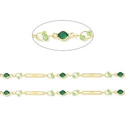 Light Green Real 18K Gold Plated Brass Oval & Flat Round Link Chains, with Glass Beaded, Soldered, with Spool, Lead Free & Cadmium Free & Nickel Free, Light Green, 10x4.5x1.7mm, 15x2.5x0.3mm