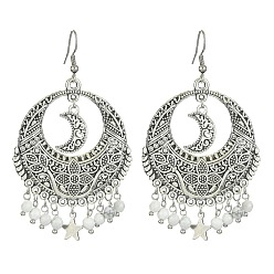 White Natural Howlite Beaded Chandelier Earrings, Alloy Flat Flat Round Earrings with 304 Stainless Steel Pins, White, 73.5x43mm