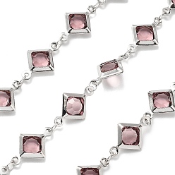 Розово-Коричневый Латунные стеклянные ромбовидные цепи, с катушкой, долговечный, пайки, без свинца и без кадмия, стойки покрытие, платина, розово-коричневый, 15x9x2.5 мм