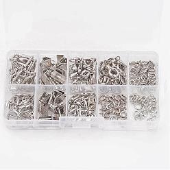 Platinum 1 Box Mixed Jewelry Findings, 40PCS Alloy Lobster Claw Clasps and Brass Spring Ring Clasps, 20Sets Alloy Toggle Clasps, 30PCS Iron Ribbon Ends and 10g Brass Jump Rings, Platinum