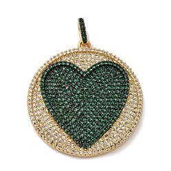 Темно-Зеленый Латунные микро проложить кубического циркония подвески, плоский круглый с сердечками, стойки покрытие, прочное покрытие, без кадмия и без свинца, реальный 18 k позолоченный, темно-зеленый, 36.5x34.5x3 мм, отверстие : 3x5.5 мм
