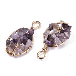 Amethyst Natural Amethyst Pendants, Light Gold Tone Brass Wire Wrapped, Tree, Oval, 38~39x18~19x6mm, Hole: 4mm