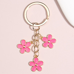 Hot Pink Cute Flower Keychains, Alloy Enamel Pendant Keychains, with Iron Findings, Hot Pink, 8.5x3cm