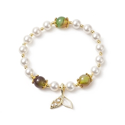 Real 18K Gold Plated Dyed Natural Peacock Agate & Shell Pearl Round Beaded Stretch Bracelet, Clear Cubic Zirconia Whale Tail Charms Gemstone Bracelet for Women, Real 18K Gold Plated, Inner Diameter: 2-1/8 inch(5.3cm)