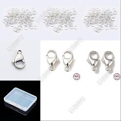 Platinum 3Pcs 3 Styles 925 Sterling Silver Lobster Claw Clasps, with 20Pcs Jump Ring, Platinum, 9x5x2.5mm