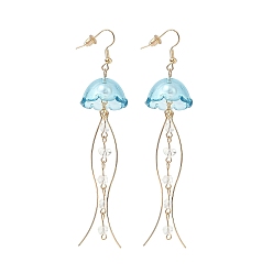 Sky Blue Iron Dangle Earrings, with Plastic Pendants, Jellyfish, Golden, Sky Blue, 104x21.5mm