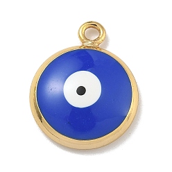 Королевский синий Подвески из латуни с эмалью в стойку, долговечный, без свинца и без кадмия, реальный 18 k позолоченный, плоский круглый с рисунком сглаза, королевский синий, 15x12x3.5 мм, отверстие : 1.5 мм