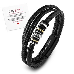 Black Word Love You Forever Braided Leather Triple Layer Multi-strand Bracelet, Graduation Birthday Gifts for Son Grandson, Black, 8-7/8 inch(22.5cm)