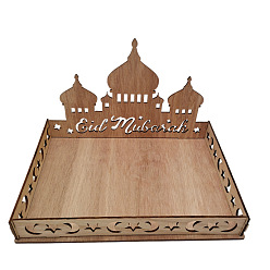 Castle Eid Mubarak Wooden Ornaments, Ramadan Wood Tabletop Decoration, Moon, Castle Pattern, 150x225x150mm