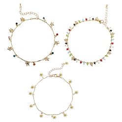 Mixed Color 3Pcs 3 Styles Brass Enamel Charm Anklets Sets, with Bar Link Chains and Lobster Claw Clasps, Flower & Butterfly, Mixed Color, 23.2~25cm, 1pc/style