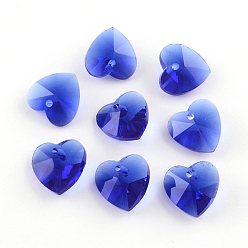 Blue Transparent Glass Heart Pendants, Faceted, Blue, 14x14x8mm, Hole: 1.5mm